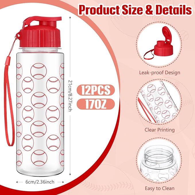 Funnymoom 12 Pcs 17 oz Baseball Sports Bottles with Leak Proof Flip Top, Reusable Plastic Water Bottles for Baseball Team Gift Accessories, Sports Party Favors Supplies