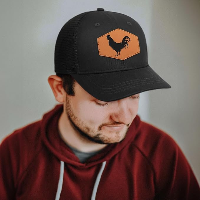 Rooster Baseball Cap for Chicken Lovers,Leather Trucker Hat Snapback Hat for Men Women Brown