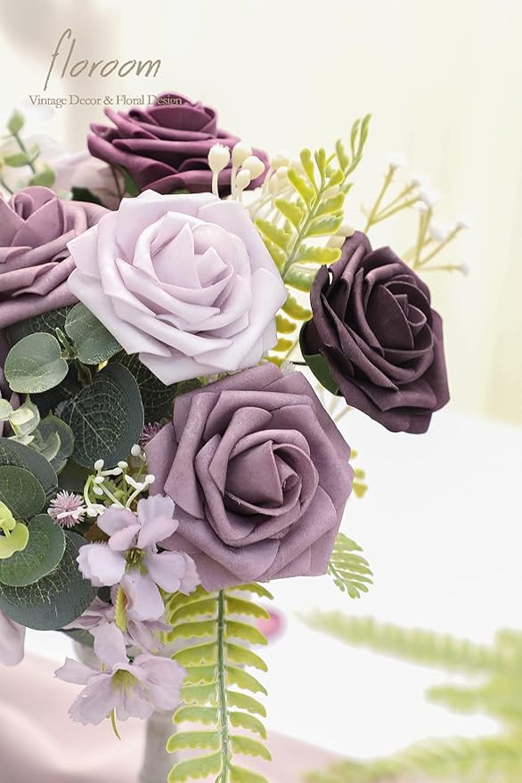 Floroom Artificial Flowers 25pcs Real Looking Plum Ombre Colors Foam Fake Roses - Image 4
