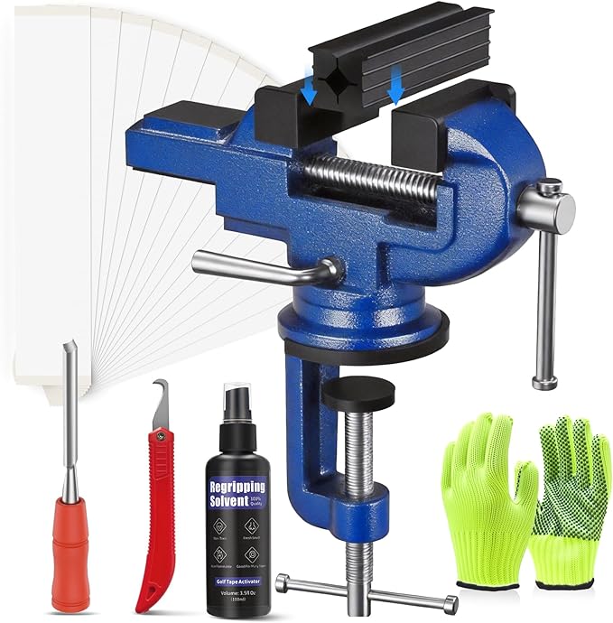 Golf Grip Kit for Regripping Golf Club, Golf Grip Removal Tool with Portable Vise Clamp, Solvent, 15 Double-Sided Tapes (2"x10"), Tape Remover & Rubber Sleeve – Golf Club Repair Kit (Blue)