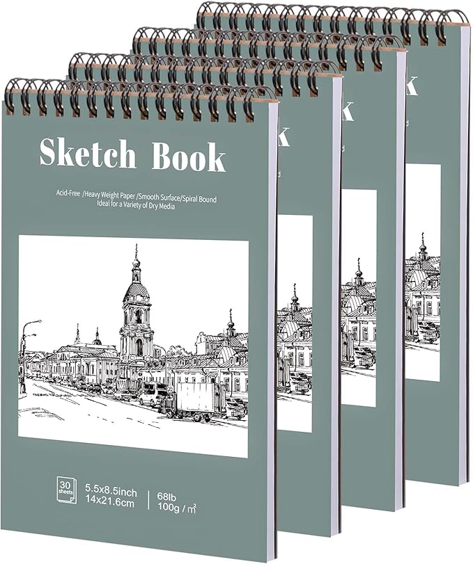 4 Pack Small Sketch Books, 5.5 x 8.5 Inch Mini Sketchbook, 68lb/100gsm Spiral by Prudiut