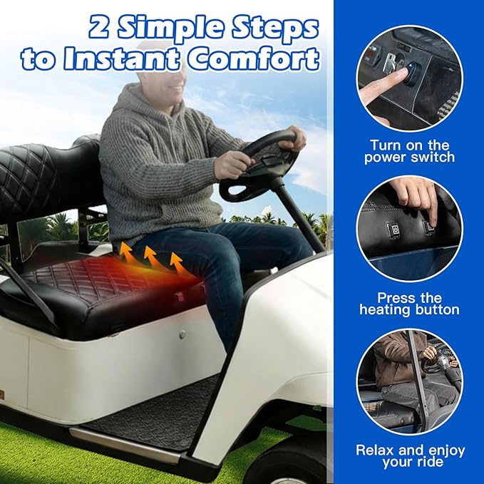 NOKINS Heated Golf Cart Seat Covers Kit - 3-Speed Heating, 5-Min Quick Warm-Up, 12V Power with Converter, Black and Black Stitching (Fits EZGO TXT 1994-2013/EZGO RXV OEM Standard Front Seat Cushion)