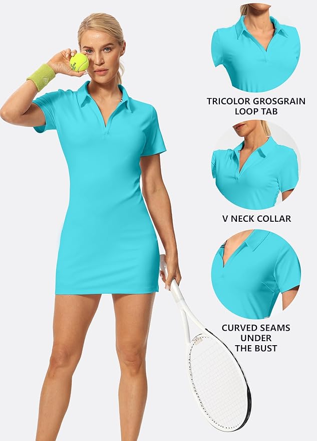 Hiverlay Golf Dresses for Women with Shorts and Pockets, V-Neck Short Sleeve Tennis Dress, Workout Athletic Dresses