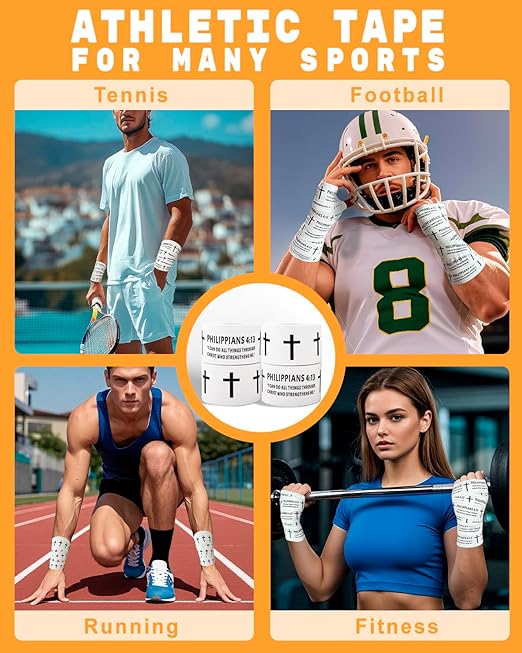 Yigney 4 Pack Christian Athletic Tapes Religious Sport Tape Bible Verse Wrist Tape Cross White Tape for Sports Gymnastics Tennis 1.5IN X 23FT