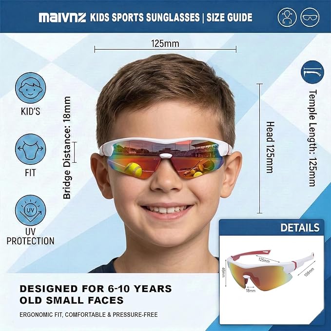 maivnz Youth Baseball Sunglasses for Boys and Girls Ages 6-12, Kids Sports Glasses for Softball Cycling, Helmet Compatible