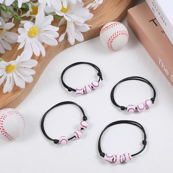30 PCS Baseball Bracelets Baseball Themed Party Favors, Baseballs Bracelets Charm Baseballs Gifts for Women Men Adjustable Sport Wristbands with Bead Balls Bracelet for Birthday Party Sports Favors