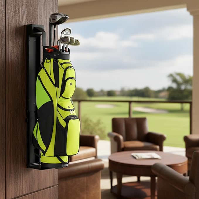 tonchean Wall Mount Golf Bag Storage Stand Stretchable Golf Bag Holder for Wall Foldable Golf Storage Organizer for Golfing Clubs, Home, Basement, Adjustable Range 33.4–42.5 Inch