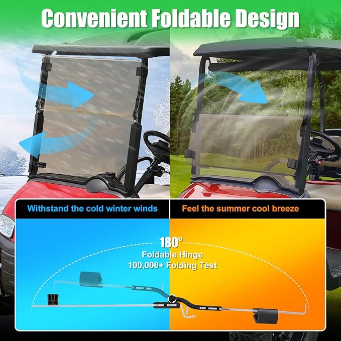 5MM Thick Upgrade PC Foldable EZGO RXV Golf Cart Windshield with Heavy Duty Hinges Only Fit for 2008-Up EZGO RXV with 1.25" Struts Rail, Anti-UV Impact Resistant Golf Cart Windshield