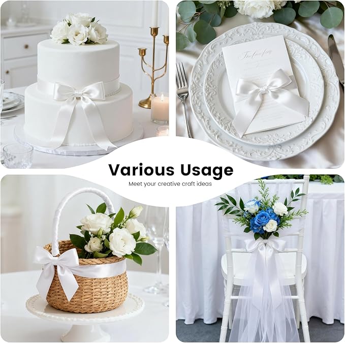 1-1/2 Inch 25 Yards Satin Ribbon White, Solid Color Fabric Ribbon - Image 6