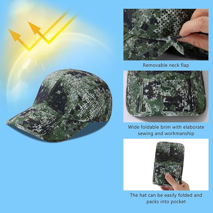 BASSDASH UPF 50+ Foldable Fishing Hat Baseball Cap with Removable Neck Flap Portable for Men Women Golf Hiking