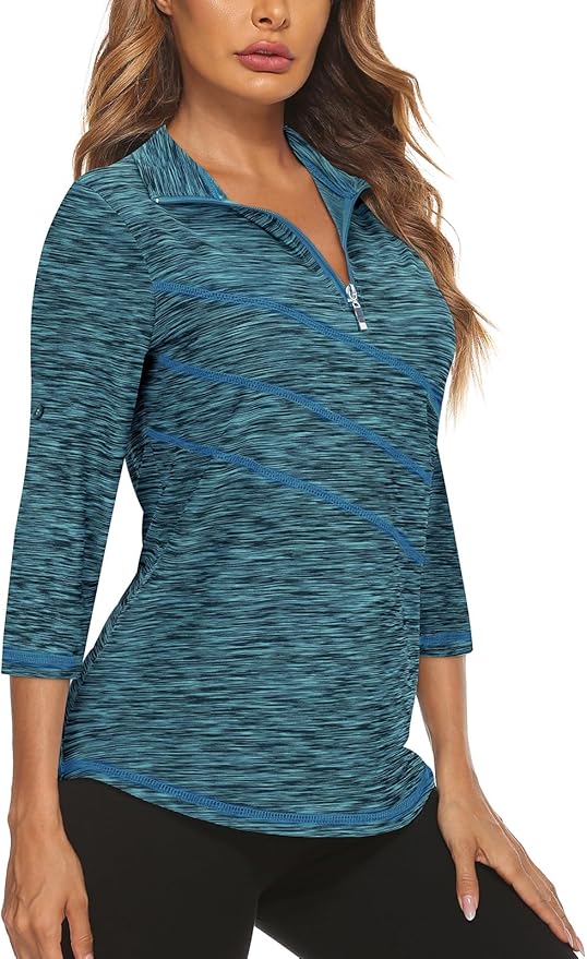 Koscacy Women's 3/4 Roll Sleeve Golf Tennis Polo Shirts UPF50+ Half Zip Dry Fit Workout Tops Athletic Shirt