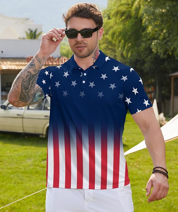 Golf Polo Shirts for Men Funny Print Short Sleeve Golf Shirts Performance Golf Polos
