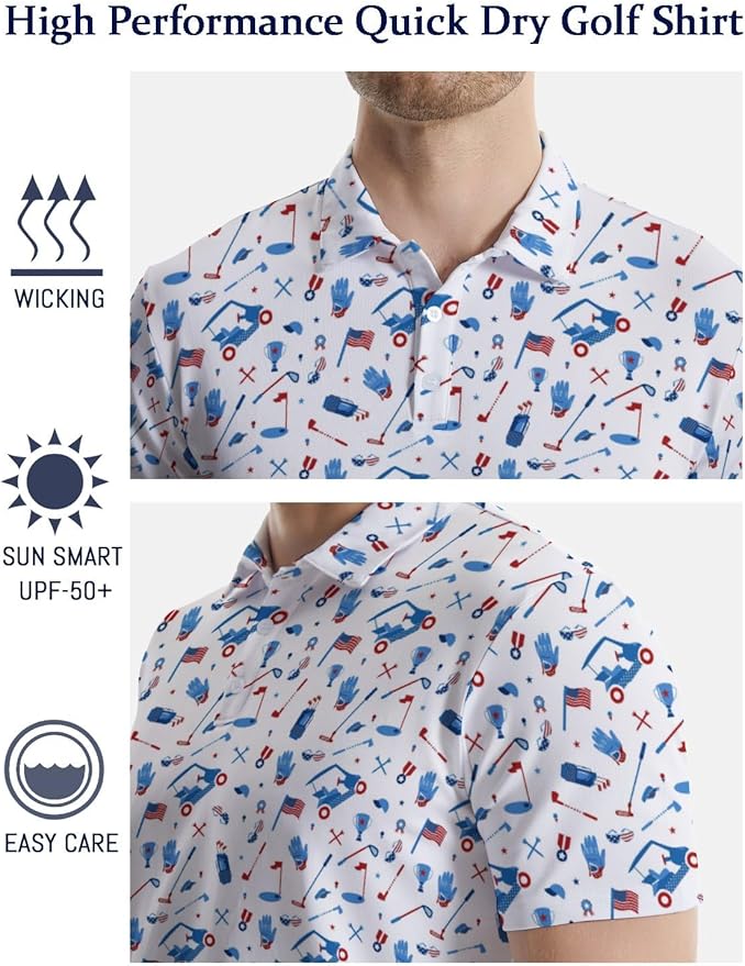 HUURAY Funny Golf Polos for Men Funny Print Short Sleeve Shirts Quick Dry Polo Shirts Hawaiian Shirt Performance Golf Outfits