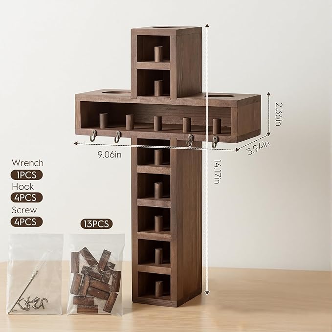 Cross Baseball Ring Display Case with 4 Extra Hooks,3 Baseball Display Location and 12-Slot,Wooden Wall Mount Baseball Ring Holder for Collection Balls, Medals,Sports Champion Rings