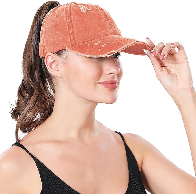 Criss Cross Ponytail Hat Women Washed Distressed Baseball Caps Adjustable High Messy Bun Ponycap