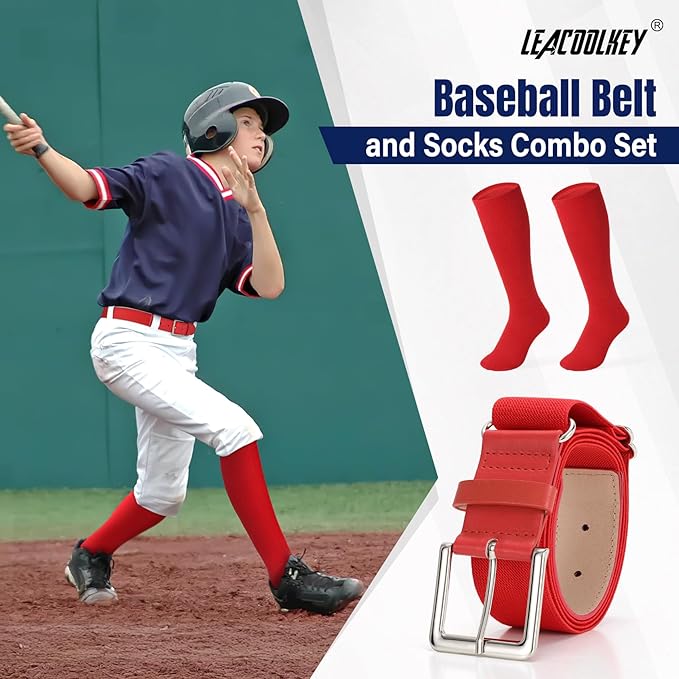 LEACOOLKEY Baseball Belt and Socks Combo Set Adjustable Softball Socks and Elastic Belt for Youth and Adult