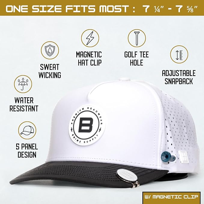 BRIMZ Golf Performance Hat - Tee Holder & Magnetic Ball Marker - Breathable, Sweat & Water Resistant Golfing Snapback Hat