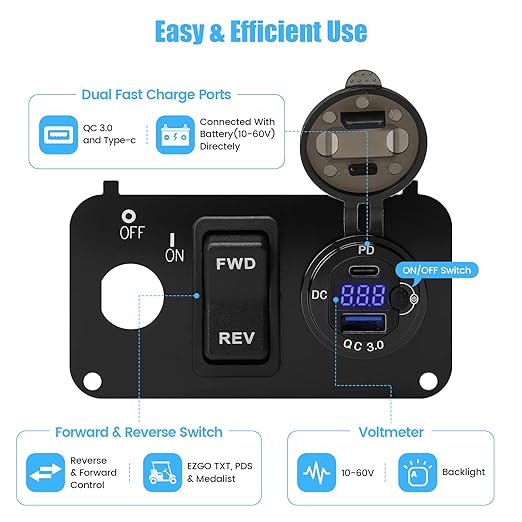 briidea 3 in 1 Multifunctional Integrated Panel with DC 10V-60V QC3.0 and Type-C Dual USB Fast Charger Socket, Forward Reverse Switch, Compatible with EZGO TXT, PDS & Medalist