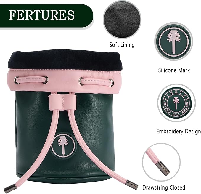 PINKTEE Golf Valuables Pouch Leather Golf Tee/Ball Bag with Drawstrings Bucket Waist Design, Golf Accessories Organizer for Women Men