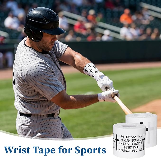 2 Pack Christian Cross Tape for Athletes Religious Bible Verse, White Wrist Tape Baseball Soccer Tennis Wristband 2in x 23ft Cotton Easy to Tear for Ankle Fingers Injury Wrap Sports Gymnastics