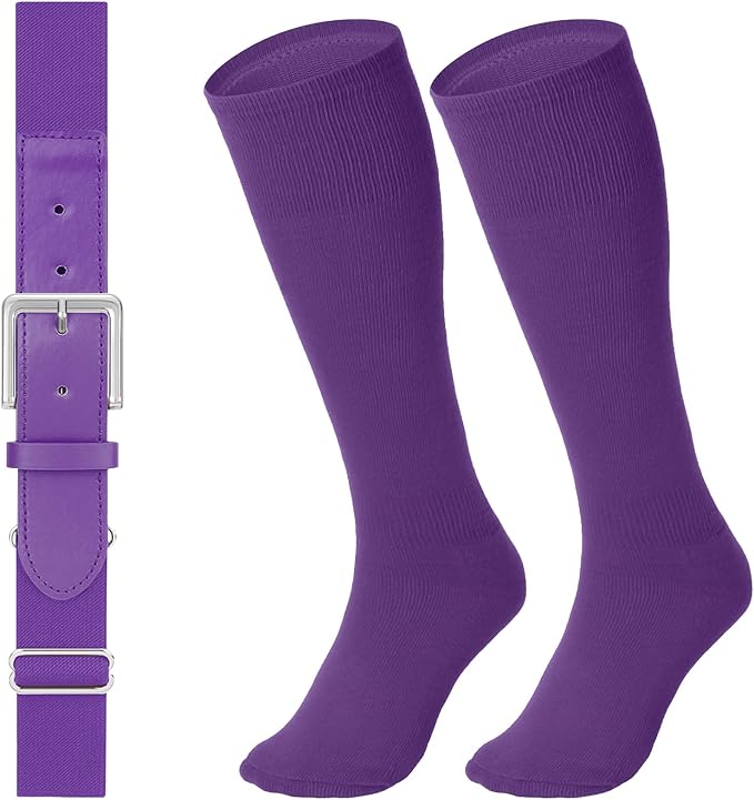 LEACOOLKEY Baseball Belt and Socks Combo Set Adjustable Softball Socks and Elastic Belt for Youth and Adult