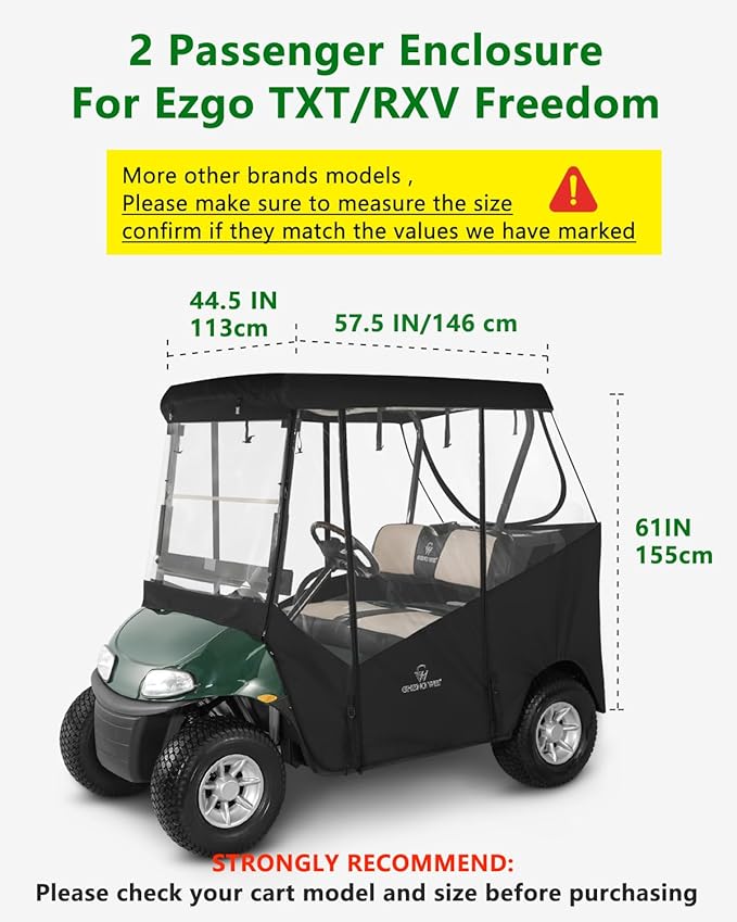 2 Passenger Golf Cart Enclosure for Ezgo TXT RXV, 600D Waterproof Driving Rain Cover with Full Roll-Up Clear Windows & Doors, Heavy Duty Zippers & Side Mirror Openings