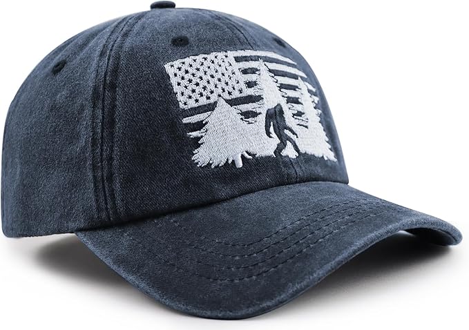 Bigfoot American Flag Hat for Men Women, Funny Adjustable Cotton Big Foot Sasquatch Patriotic Baseball Cap