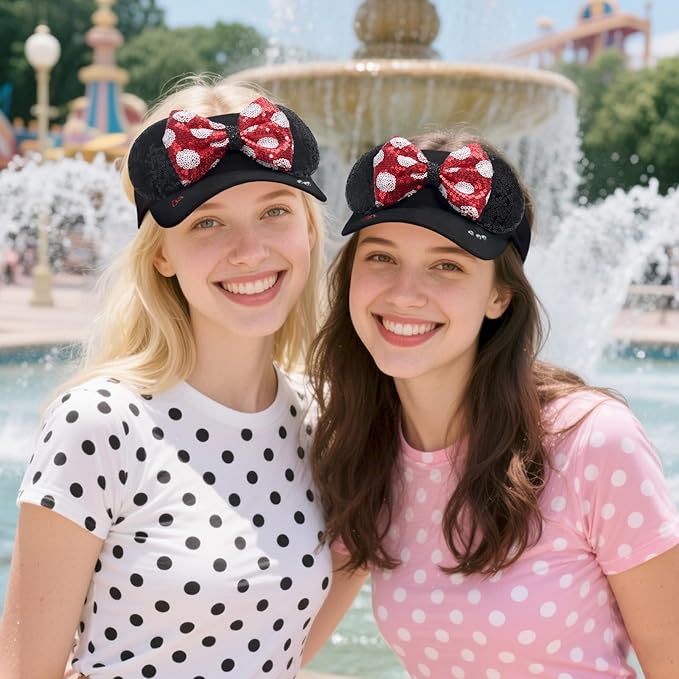 Adult Size Mouse Ears Visors for Women, Adjustable Sun Visor Hat Baseball Cap with Sequin Mouse Ears Bow for Theme Park Decor