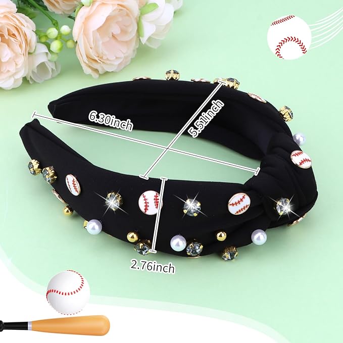 Baseball Headbands for Women Crystal Baseball Embellished Wide Top Knot Headband for Women Game Day Hair Accessories (Black)