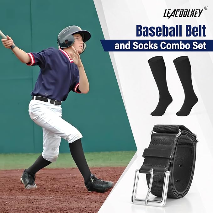 LEACOOLKEY Baseball Belt and Socks Combo Set Adjustable Softball Socks and Elastic Belt for Youth and Adult