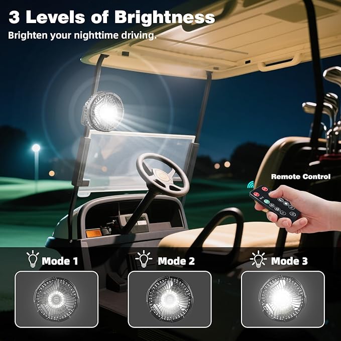 Roykaw 10400 mAh Magnetic Golf Cart Fan Portable Rechargeable Battery Powered, 24+ Hrs, w/LED Lights, Compatible with EZGO/Club Car/Yamaha & All Ironic-Body, Cordless & Remote Control, 1 PC