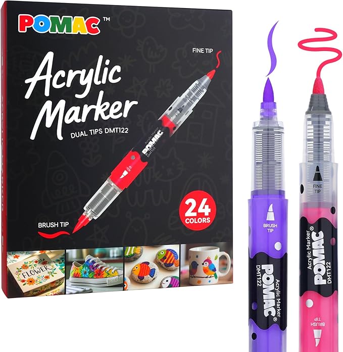 POMAC Dual Tip Acrylic Paint Markers Pens 24 Assorted Colors, Direct Liquid by POMAC