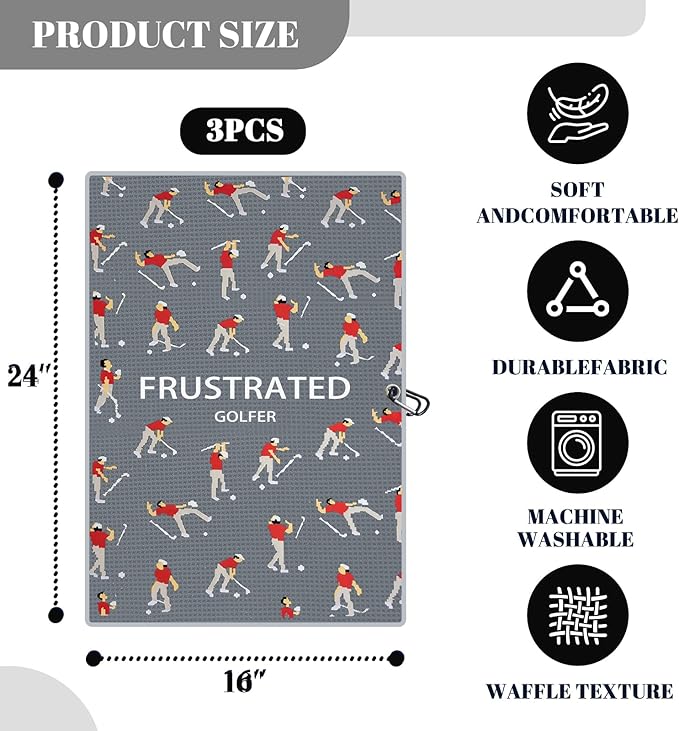 Microfiber Golf Towels (16" X 24") with Carabiner Clip, Waffle Pattern Golf Towel Hook and Loop Fastener, Golf Club Towel, Premium Golf Accessories, Gift for Men, Golfers, Dad (Royal Blue+Gray+Black)