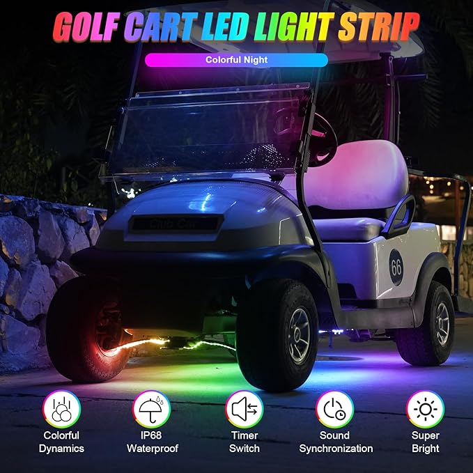 Golf Cart LED Underglow Light Kit, Golf Cart RGB Underbody Light Strip with APP&Remote Control, Multi-Mode, Music Sync, IP68 Waterproof, 9-16V Golf Carts Lighting Strip for Club Car EZGO YAMAHA