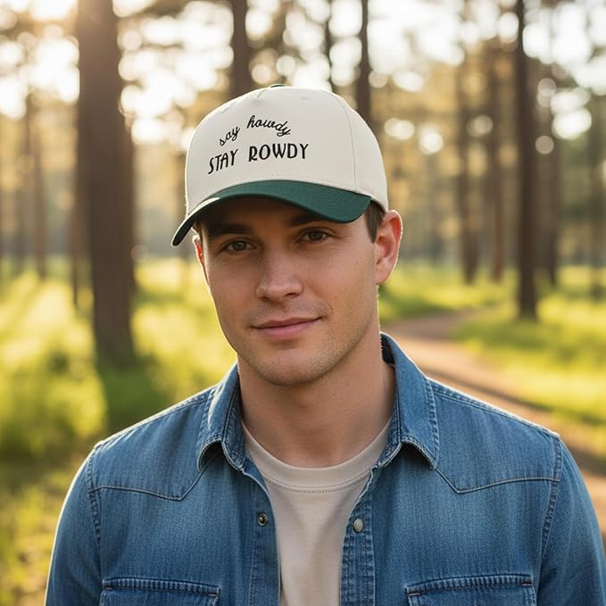 Two-Tone Cotton Baseball Cap with Embroidered Western Sayings - Adjustable Cowboy Style Hat for Men and Women