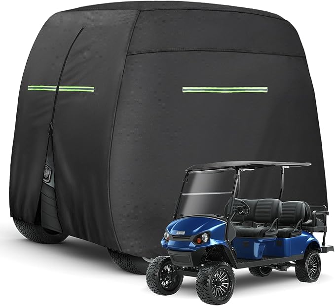 Golf Cart Cover 2/4/4+2 Passenger Heavy Duty Universal Fit for Yamaha EZGO Club Car, 600D Waterproof Windproof Sunproof Golf Cart Seat Covers with Reflective Strips, Zippered Pockets, Zipper Doors