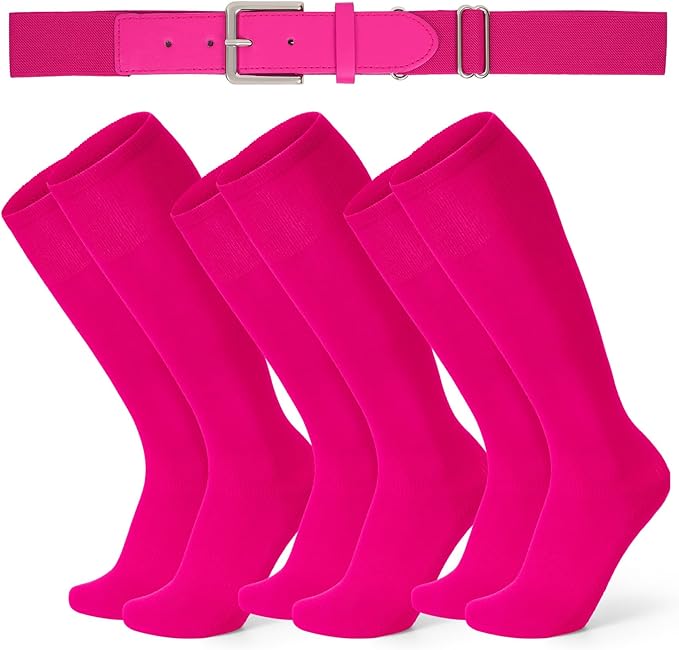 XZQTIVE 3 Pairs of Baseball Softball Socks and 1 Baseball Softball Belt Combo Set Knee-High Soccer Socks for Kids Youth Adult