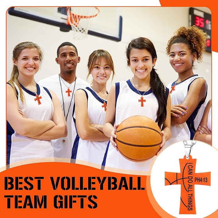 Tondiamo 24 Set Basketball Volleyball Cross Necklace with Card Sport Party Favors Charms Team Gift Bulk Religious Cross Necklace Christian Coach Gifts Jewelry for Sport Player Fans Men