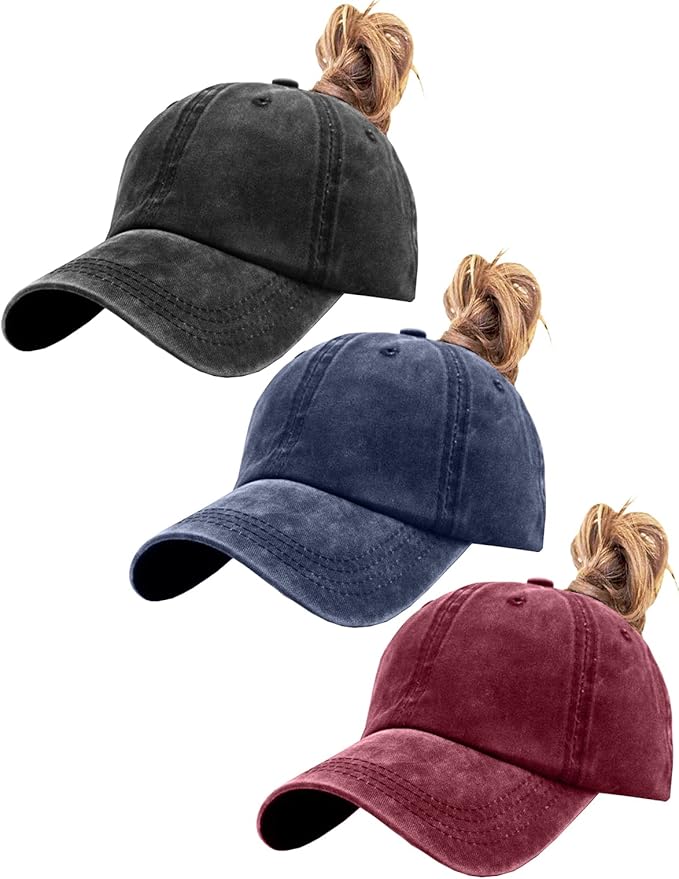 Womens Vintage Washed Distressed Baseball-Cap with Ponytail Hole Sport Golf Hat