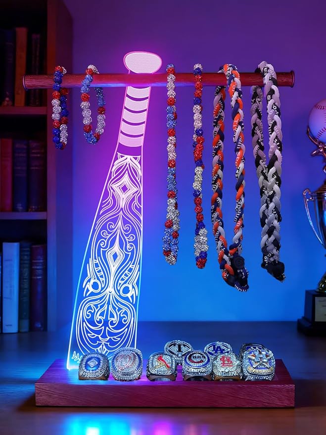 CoolGift Mart Light up Baseball Necklace Hanger and Championship Ring Display Stand, Acrylic Wooden LED Night Lamp with USB Powered, Gift for Baseball Softball Players Lovers