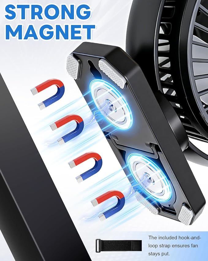 12000mAh Golf Cart Fan Rechargeable Magnetic Base, Battery Operated Fan Portable with 3 Speeds, LED, Timers, Strap, Hook - Golf Cart Accessories Suitable for Club Car Camping Office Cruise Ship