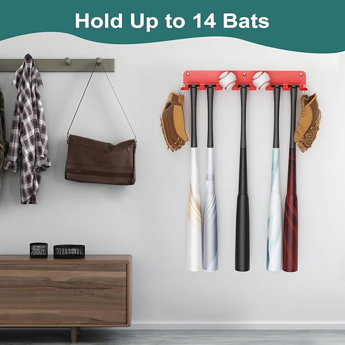 QBA Wall Mount Baseball Bat Holder, Heavy Duty Metal Bats Rack, Holds 14 Bats, Bat Organizer for Dugout Fence Home Garage (Red)