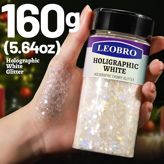 LEOBRO White Glitter, 160g/5.64oz Holographic Chunky Glitter - Image 2