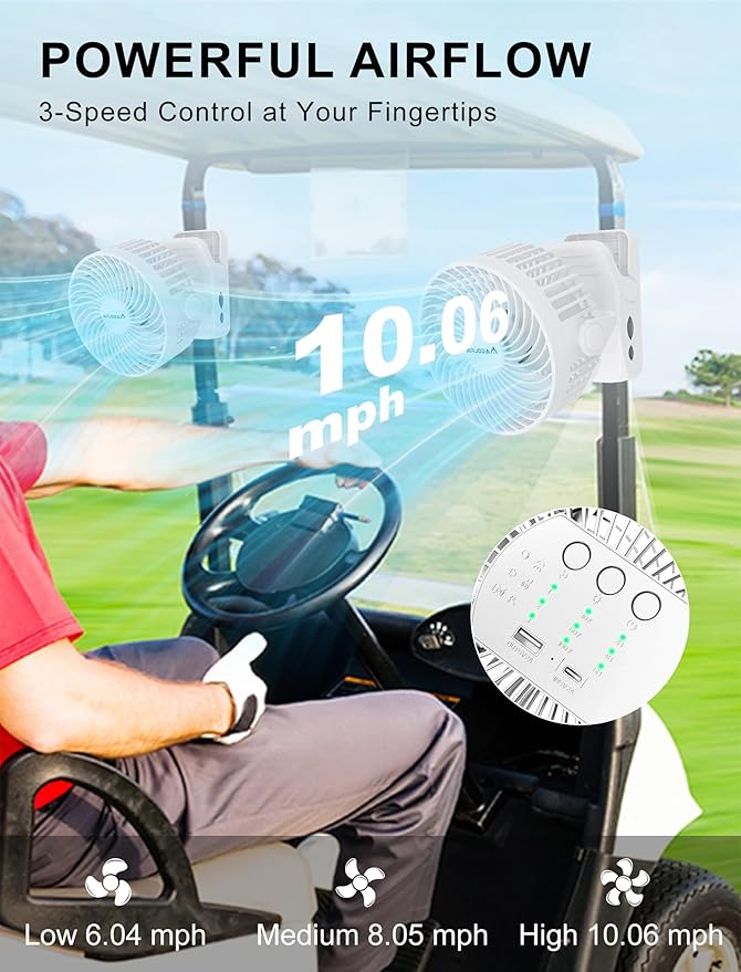 Magnetic Clip on Fan for Golf Cart, 12000mAH Battery Operated Portable Fan with 3 Speeds, LED Lantern, Magnetic Base, Suitable for EZGO Club Car Yamaha, Golf Cart & Cruise Ship Accessories
