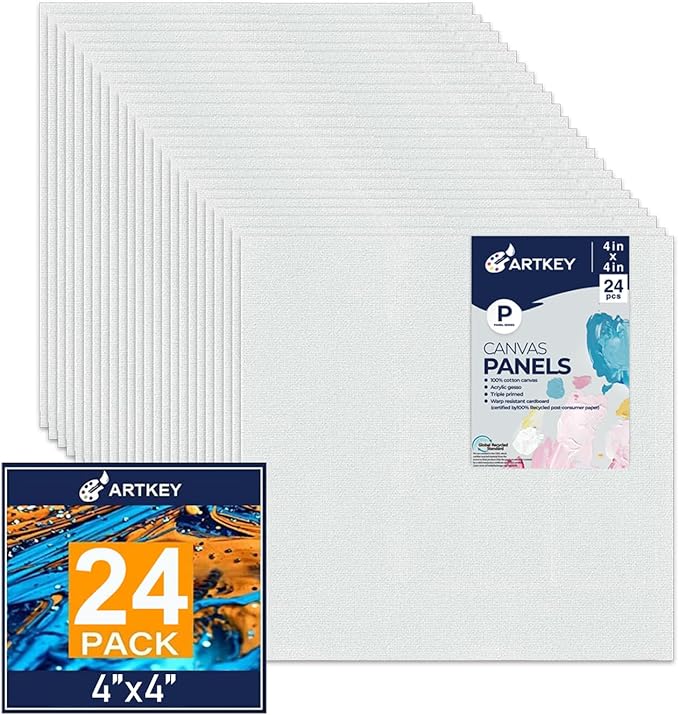 Canvas Panels 4x4 Inch 24-Pack, 10 oz Primed 100% Cotton White Blank Small by Artkey