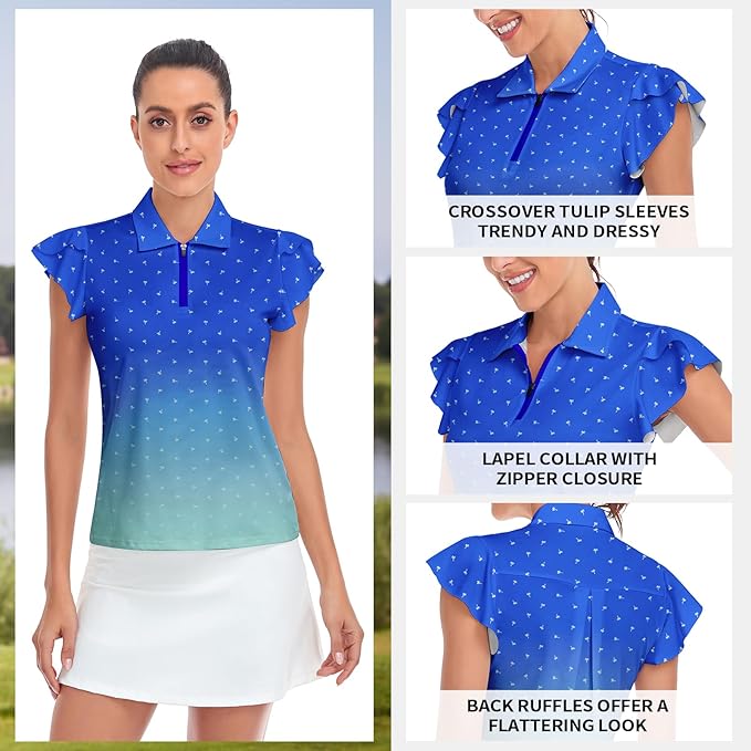 Soneven Womens Petal Sleeve Golf Shirts Moisture Wicking Lady Golf Apparel Print Tennis Sport T Shirt