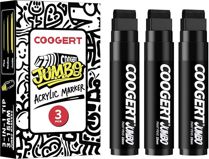 3Pcs Black Jumbo Poster Markers, 15MM Thick Permanent Acrylic Graffiti Markers by CoogertPaintPens