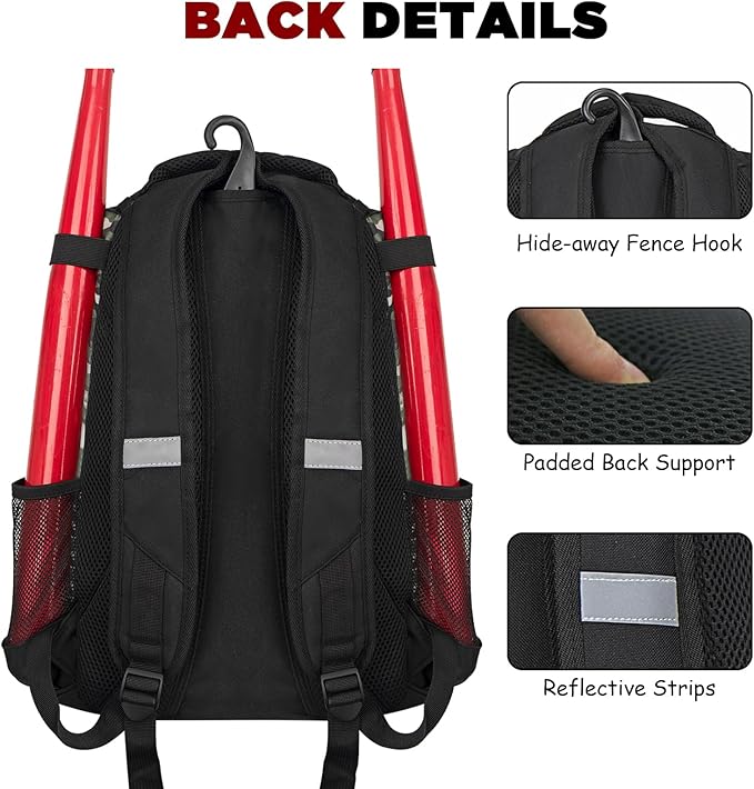 Goloni | Baseball Backpack,Baseball Bag for Adult,Softball Bat Bag with Shoes Compartment,Large Main Compartment for Helmet & accessories, Fence Hook