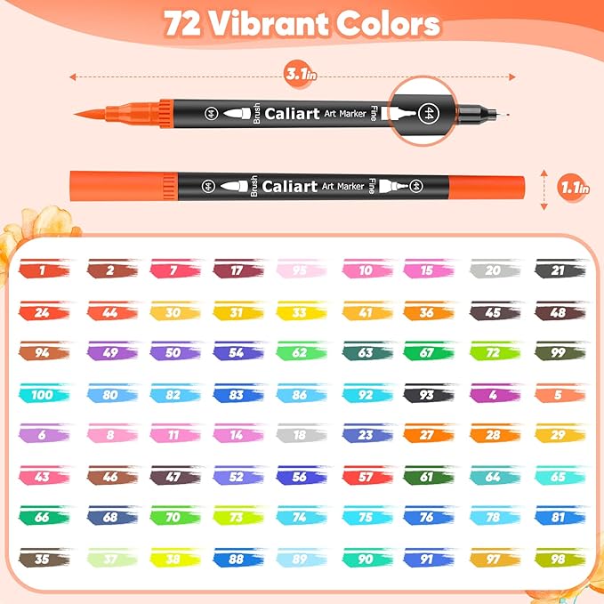 Caliart 72 Colors Double Tip Brush Pens Art Markers, Artist Fine & Brush Pen - Image 2