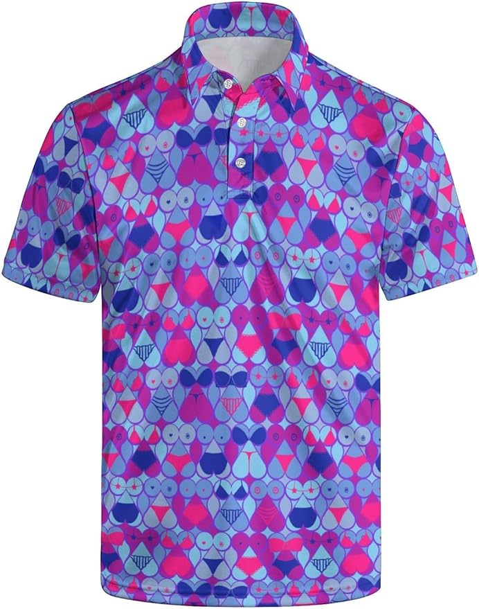 HUURAY Funny Golf Polos for Men Funny Print Short Sleeve Shirts Quick Dry Polo Shirts Hawaiian Shirt Performance Golf Outfits